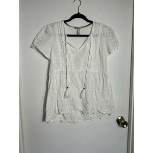Knox Rose White Eyelet Peasant Top Medium Boho Tassel Tie Short Sleeve Blouse